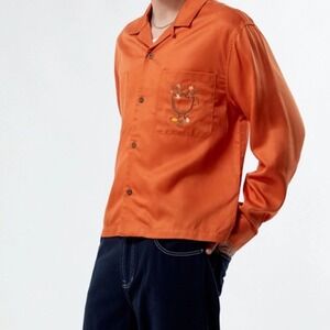 Pacsun Crimson Pub Graphic Button Up Shirt Orange Long Sleeve Men's Size S